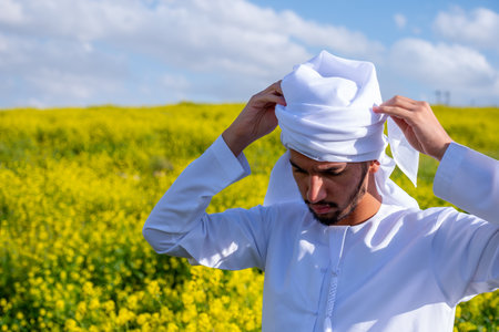 A man in a white dishdasha and kandura stands in a field of yellow flowers, lifting the kandora with eyes closed, enjoying the spring sunshine, surrounded by green hills under a partly cloudy skyの写真素材