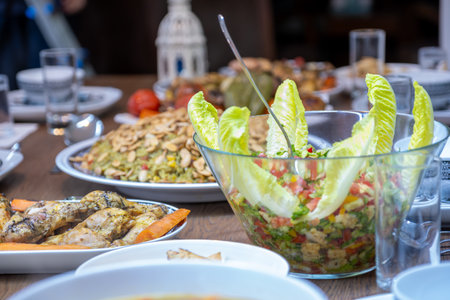 From above photo of colorful salad dish on family table ready for dinner