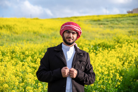 Arabian male enjoy healthy lifestyle in nature between yellow flowers in the field having fresh air during springの写真素材