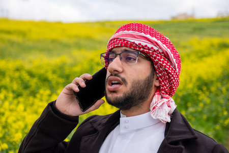 young male making phone call during vacation in park, working from anywhere and stay connected