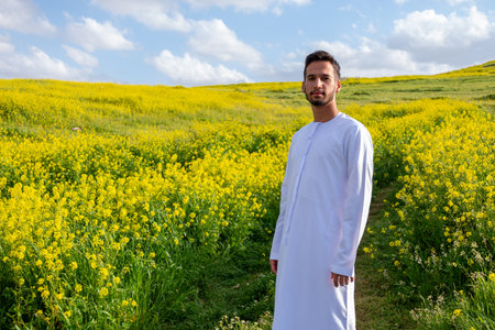 Arabic male enjoy spring time outdoors having clear mind and rest in nature to be positive and ready...