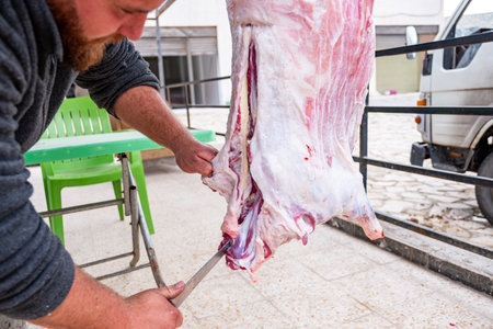 butchery selling fresh meat from hanging lamb outdoor