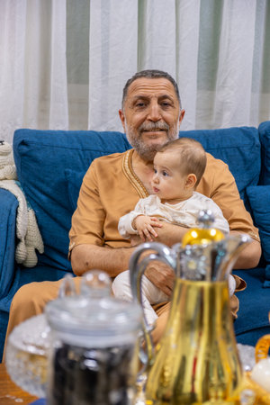 Grandpa and granddaughter in living room holding her
