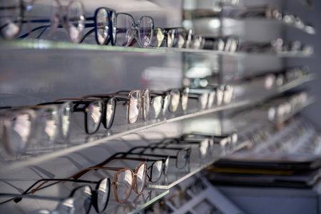 medical eyeglasses are presented on shelf for selling with light reflection on it is lensの写真素材