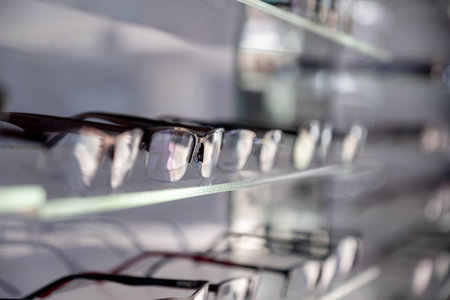 medical eyeglasses are presented on shelf for selling with light reflection on it is lensの写真素材