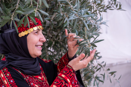 Portrait Of woman wearing palestinian traditional clothes in olive trees field holding branch in her hand with smile on her faceの写真素材