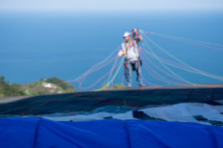 Paraglider Parachute Take Off Cliffの写真素材