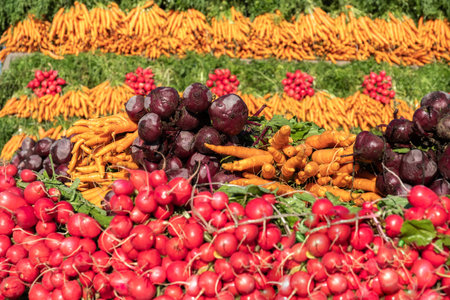 A diverse selection of freshly harvested root vegetables meticulously arranged and ready for purchaseの写真素材
