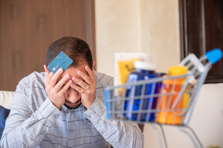 man holding bank card and medicine represent the costs of cure or treatmentの写真素材