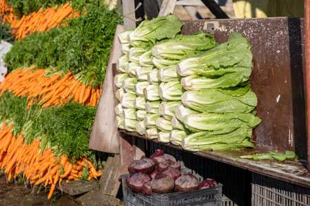 Lettuce and carrots available for sale at a roadside vegetable stand under the sun on the main road a traditional way for farmers to sell their fresh goodsの写真素材