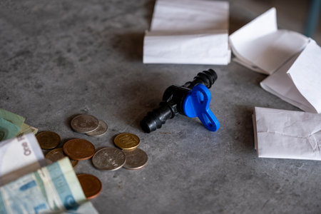 Shut valve with bills and cash on each side of the valve represents the cash flow on grey backgroundの写真素材