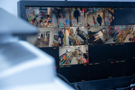 Playback CCTV cameras in office on computer screen. Surveillance interface with AI futuristic software and people recognition system. Security cameras. Concept of privacy, identification and tracking.の写真素材