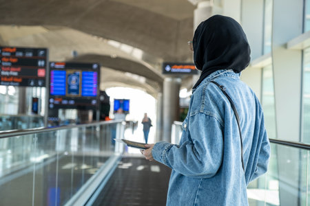 Young female holding her passport at the airport ready for new adventure with airplane in the backgroundの写真素材