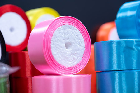 ribbon rolls on store shelf for sale to be used for DIY and gift wrappingの写真素材