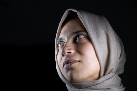 portrait for muslim women on black background in studio with facial expressions