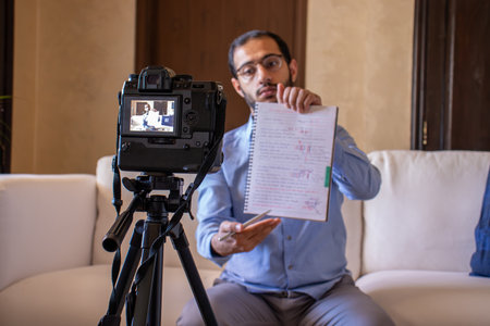 Young arabic man conducting a seminar from home
