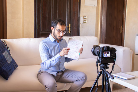 Young arabic businessman streaming from home