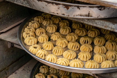 Plate of Eid kahk ready to be baked in arabian ovenの写真素材