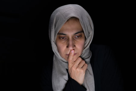 portrait for muslim women on black background in studio with facial expressionsの写真素材