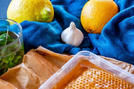 healthy honey with herbs, ginger, garlic and lemonの写真素材