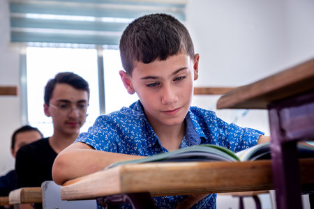 Boy studying in school with his colleagues