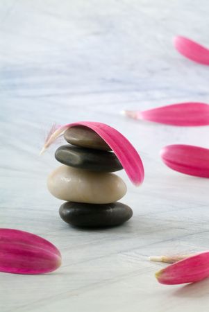 balancing stones and pink gerber petals on grungy bluish backgroundの写真素材