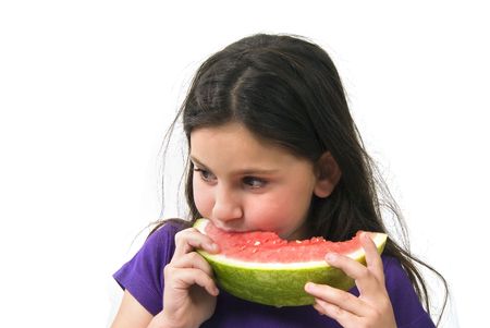girl eating Watermelon isolated on white backgroundの写真素材