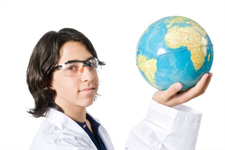 science student holding a globe isolated on white