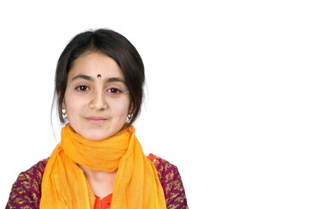 indian girl dancing isolated on whiteの写真素材