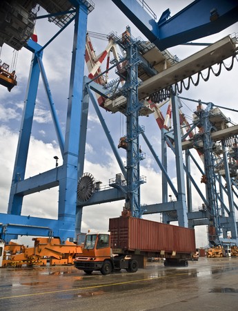 container on track at port on the dock