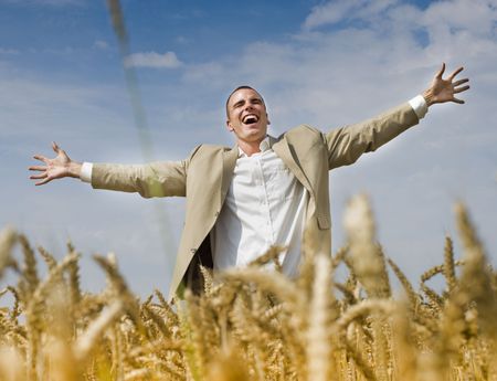 businessman with spread out arms in a rye fieldの写真素材