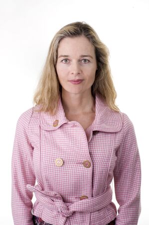 casual european woman smilling isolated on whiteの写真素材