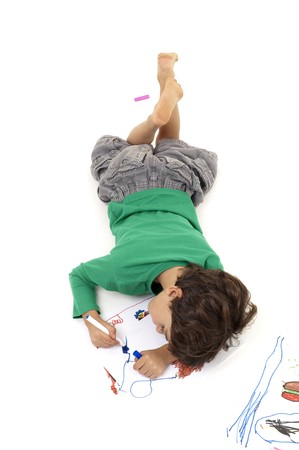 boy painting from above isolated on whiteの写真素材
