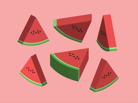 Watermelon slices set. Vector illustration in flat style on pink background.のイラスト素材