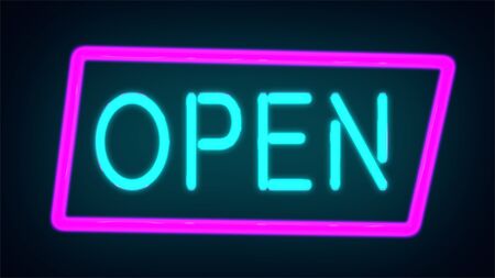 Neon sign with text open, entrance is available. Open Neon Signの写真素材