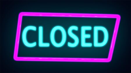 Glowing neon Closed sign , Neon light linear promotion banner, price tag, discount. Realistic neon inscription. Glowing font.の写真素材