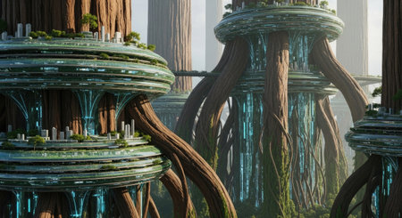 3D illustration of a futuristic city in the form of a treeの素材