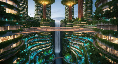 Fountains in the city at night. 3d rendering.の素材