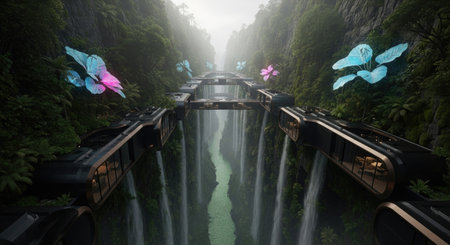 3D rendering of a fantasy train with butterflies flying over the waterの素材