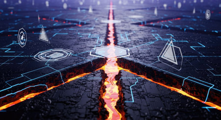Futuristic glowing HUD interface on concrete road surface 3D renderingの素材