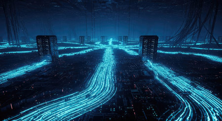 Futuristic city at night 3D rendering with blue light linesの素材