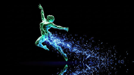 Silhouette of a man jumping with flying particles on black backgroundの素材