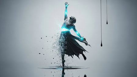 Black silhouette of a woman dancing on a gray background. 3d renderingの素材