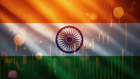 Flag of India on the background of the stock exchange. The concept of trading on the currency exchange.の素材