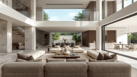 Interior of modern living room with beige sofa 3D renderingの素材