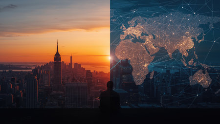 Businessman sitting on the rooftop and looking at the city and network connectionの素材