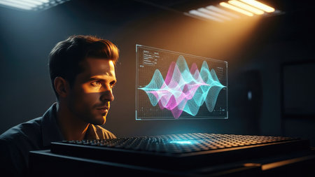 Side view of young man in casual using computer with glowing graphs. Mixed mediaの素材