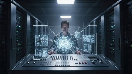 Young man in server room using digital hologram projection 3D renderingの素材