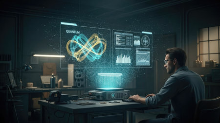 Businessman in his office working on a big data hologram. Mixed mediaの素材