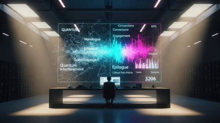 Businessman sitting in modern office interior with glowing graphs and charts. 3D Renderingの素材